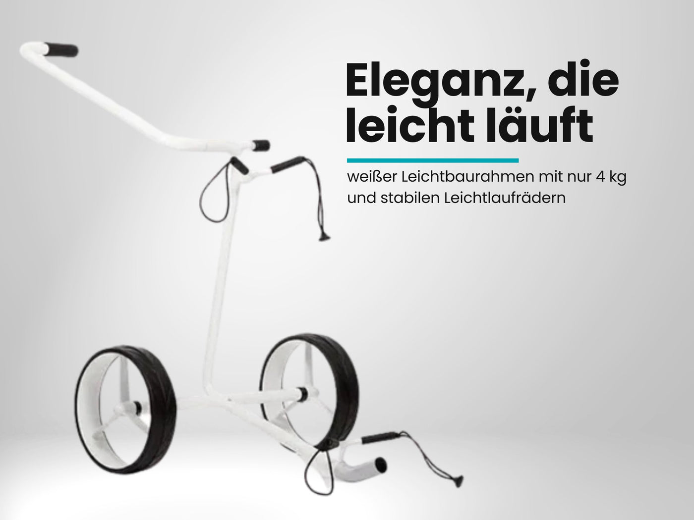 Weißer Golf Trolley mit zwei großen Rädern und ergonomischem Griff, freigestellt auf weiß.