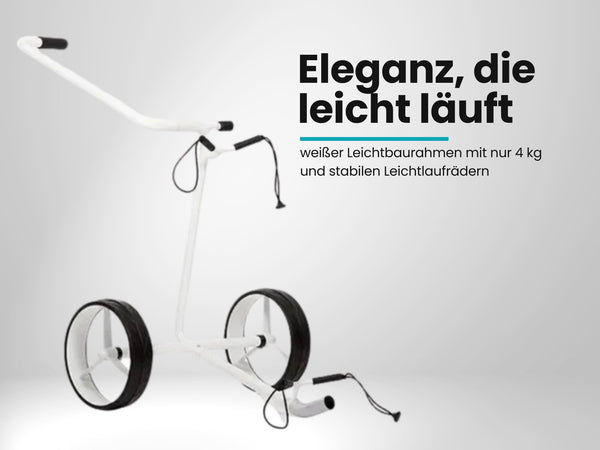 Weißer Golf Trolley mit zwei großen Rädern und ergonomischem Griff, freigestellt auf weiß.