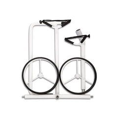 Weißer, klappbarer Golf Trolley mit zwei großen Rädern, zusammengelegt und von oben fotografiert