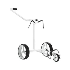 Weißer, manueller Golf Trolley mit drei Rädern auf weißem Hintergrund
