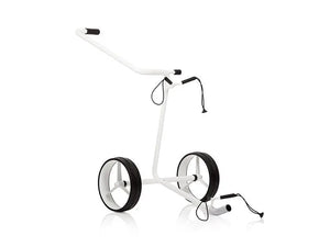 Weißer manueller Golf Trolley mit großen Rädern auf weißem Hintergrund