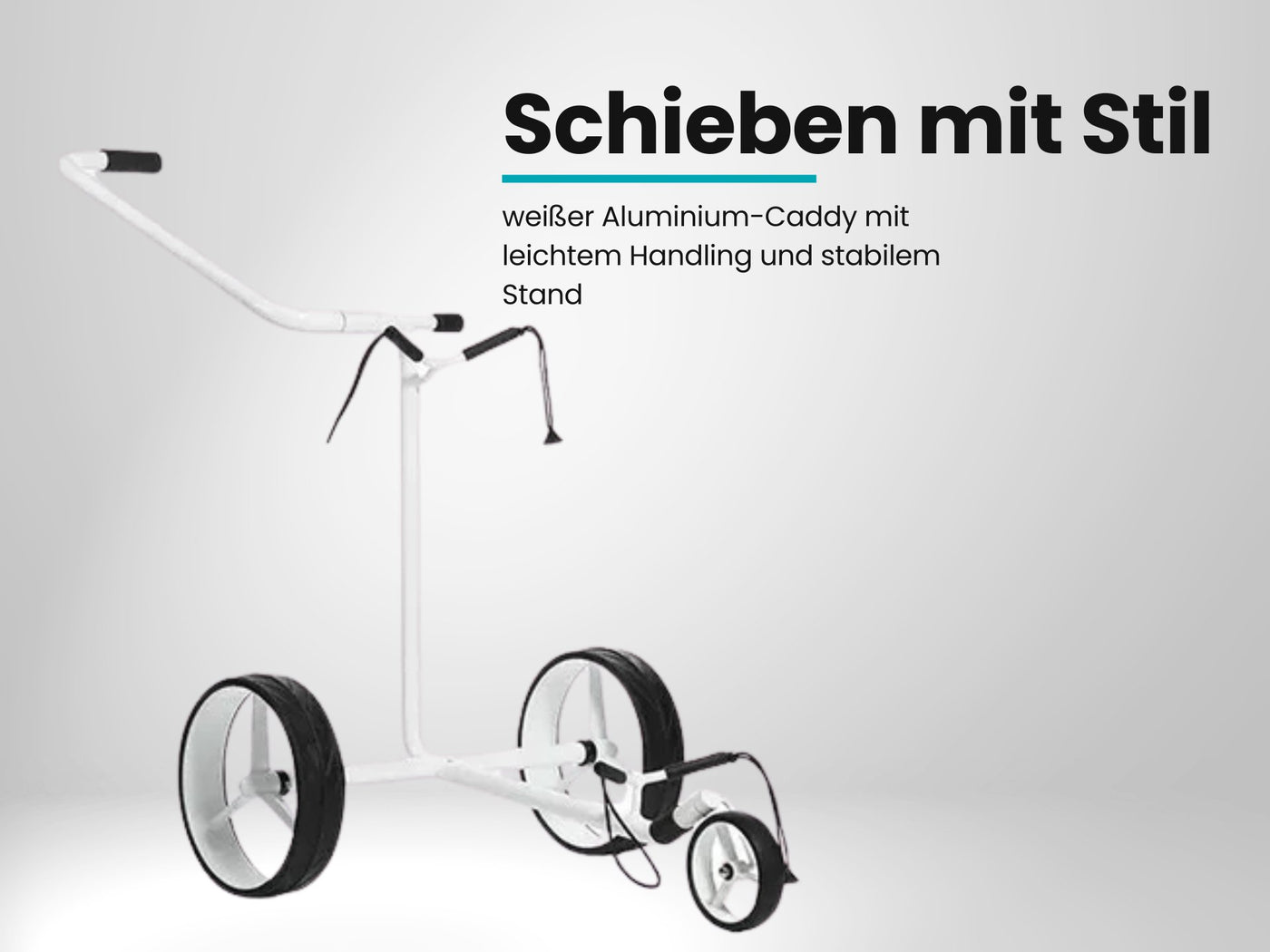 Weißer manueller Golftrolley mit drei Rädern und ergonomischem Griff auf weißem Hintergrund