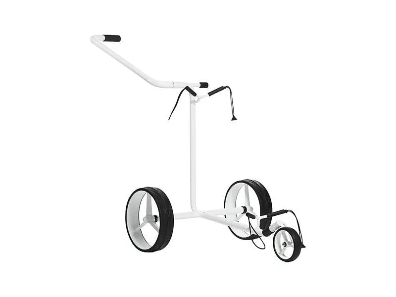 Weißer manueller Golftrolley mit drei Rädern und ergonomischem Griff auf weißem Hintergrund