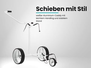 Weißer manueller Golftrolley mit drei Rädern und ergonomischem Griff auf weißem Hintergrund