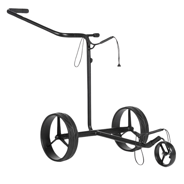 Justar BLACK Series E-Trolley in schwarzer Ausführung mit drei Rädern und einer stabilen Halterung.