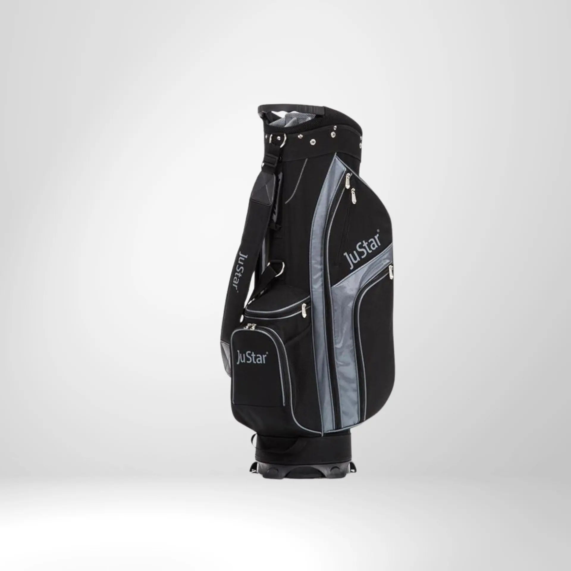 Schwarzes Golfbag mit grauen Akzenten, JuStar Logo, mehrere Reißverschlusstaschen