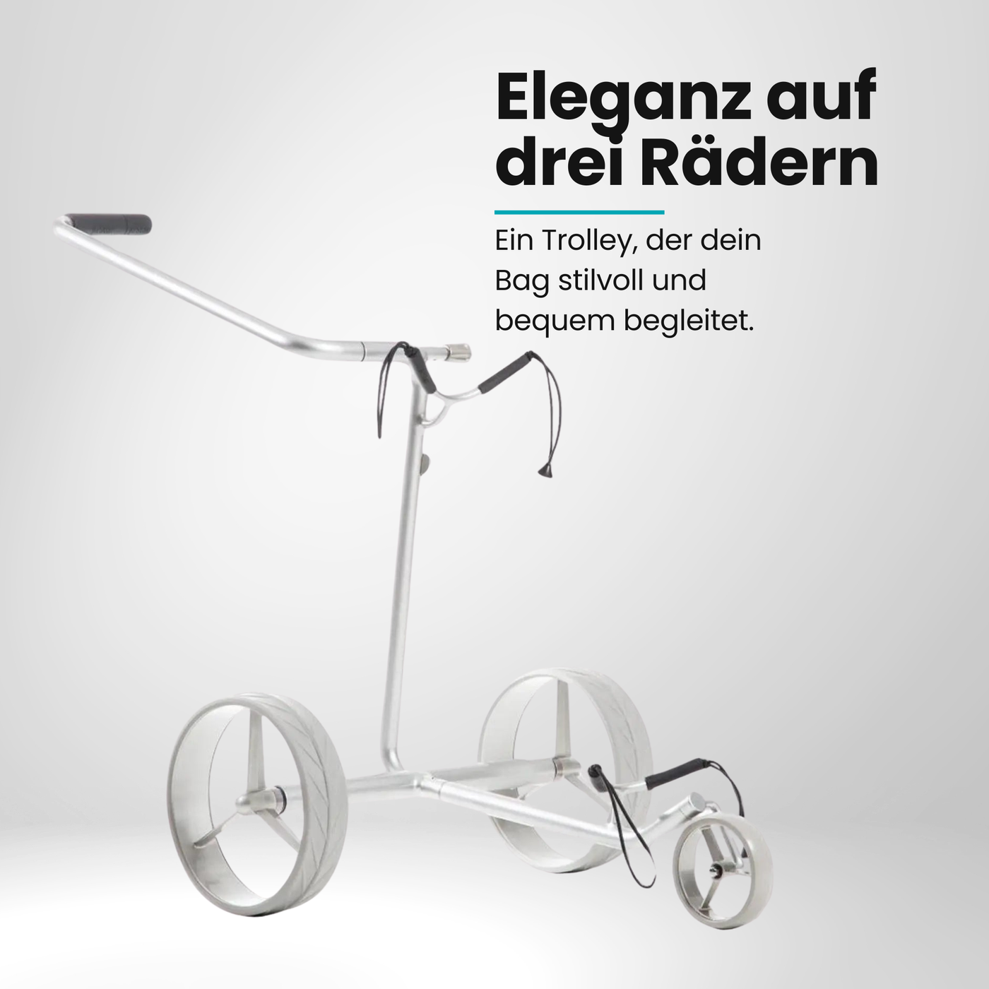 Justar SILVER E-Trolley in elegantem Design mit drei Rädern zur stilvollen Beförderung von Golfbags.