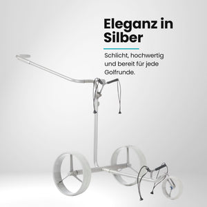 Justar TITAN Classic E-Trolley in Silber, hochwertig und elegant, ideal für jede Golfrunde.
