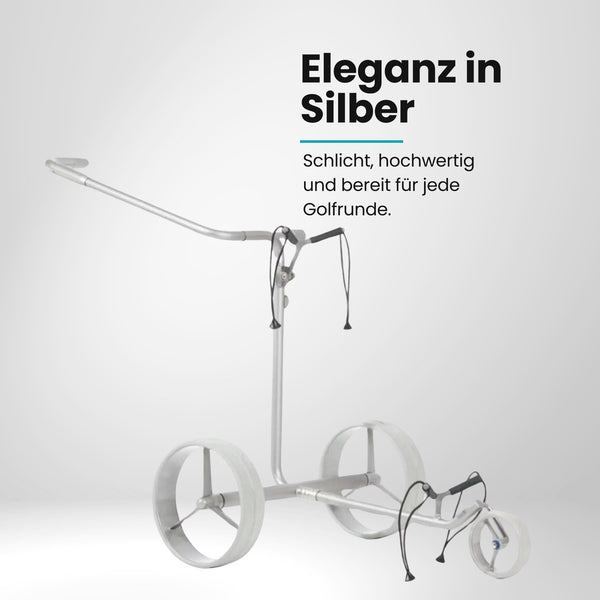 Justar TITAN Classic E-Trolley in Silber, hochwertig und elegant, ideal für jede Golfrunde.