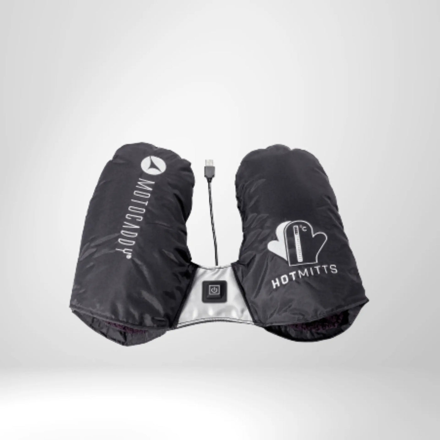 Schwarze beheizbare Golf-Handwärmer mit USB-Anschluss und Hotmitts-Logo