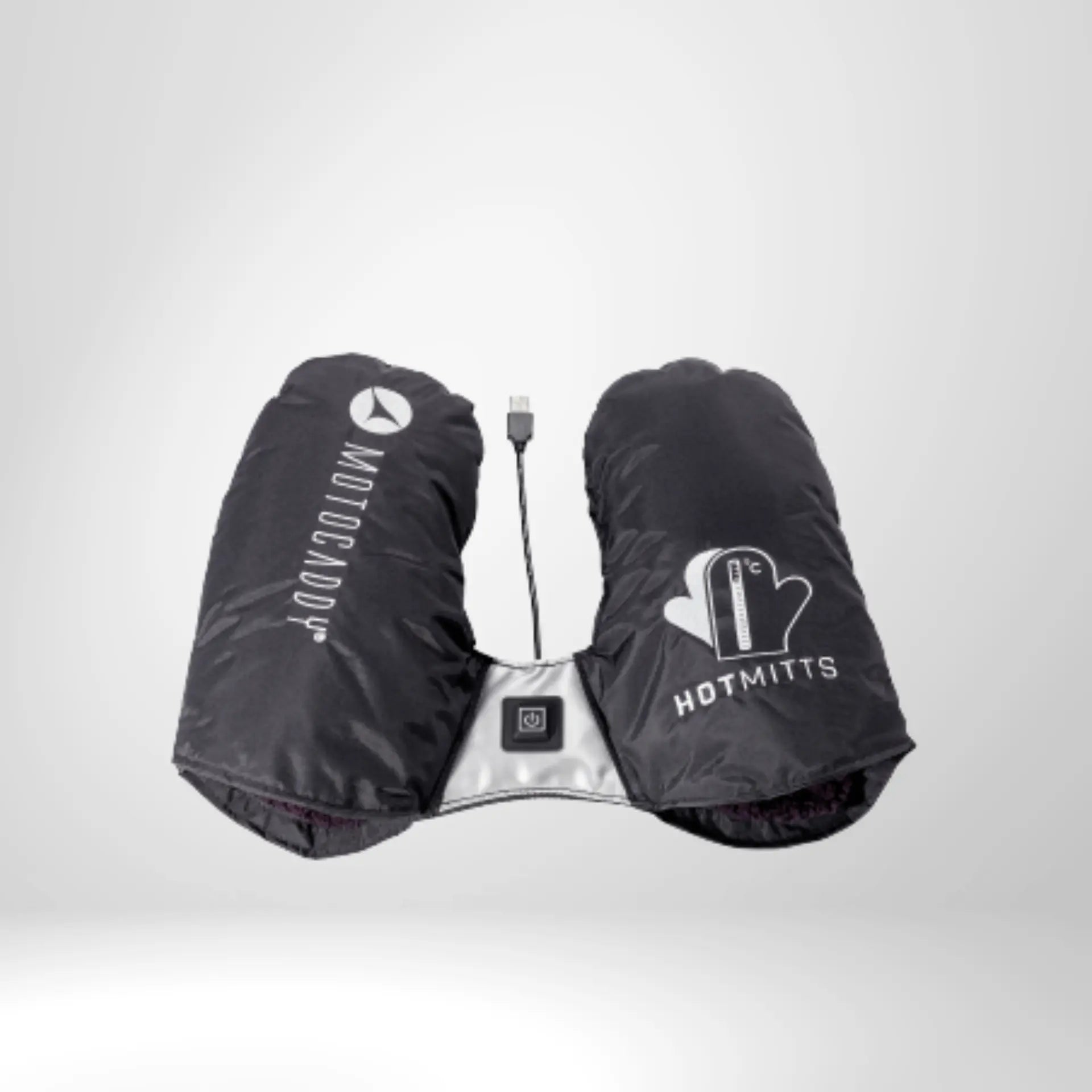 Schwarze beheizbare Golf-Handwärmer mit USB-Anschluss und Hotmitts-Logo