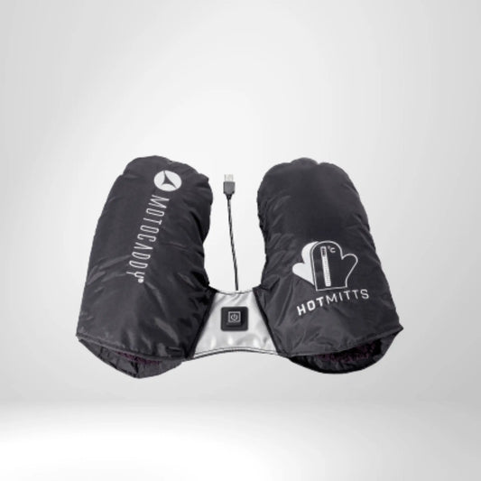 Schwarze beheizbare Golf-Handwärmer mit USB-Anschluss und Hotmitts-Logo