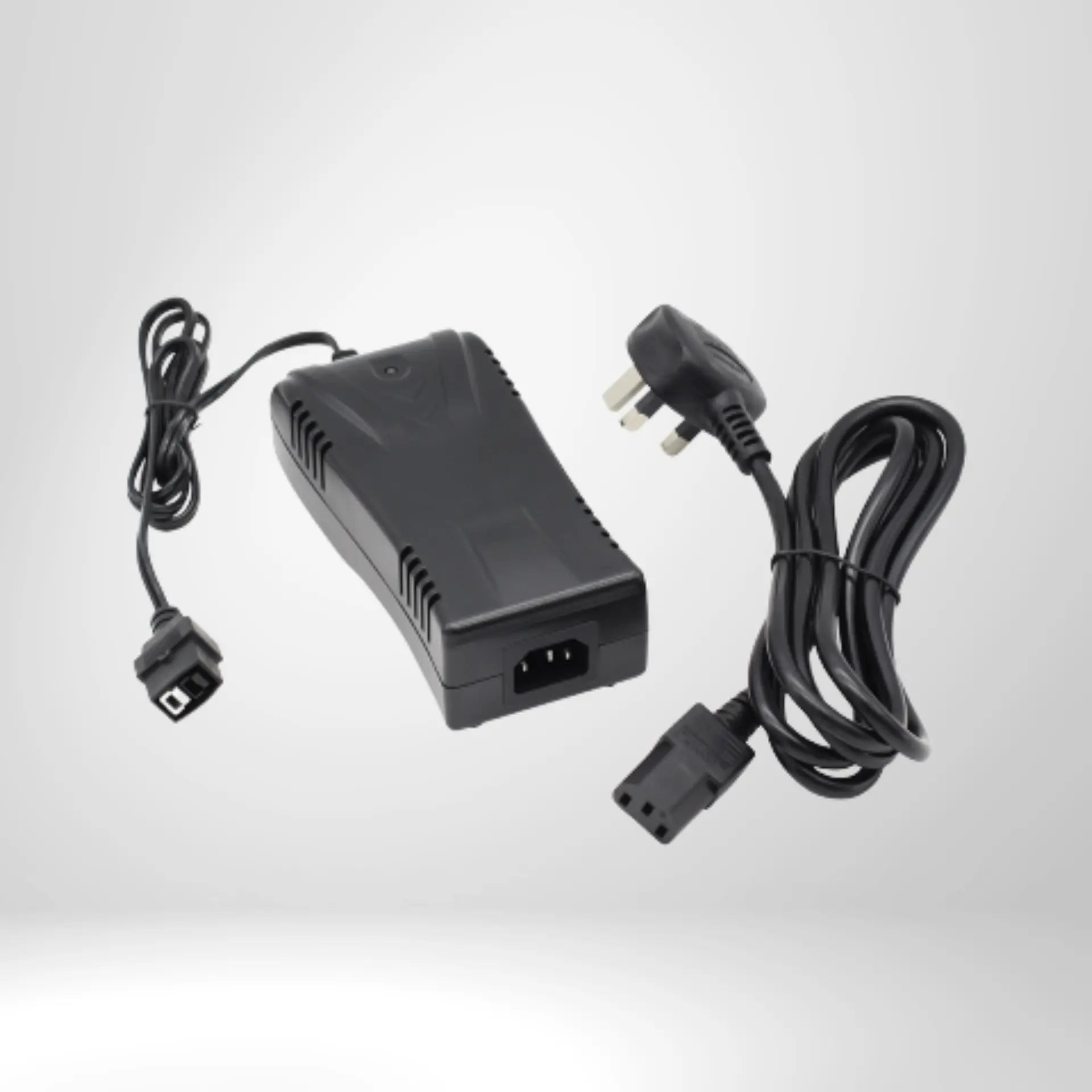 Schwarzes Ladegerät mit Netzkabel für E-Trolley Golf Zubehör auf hellem Hintergrund