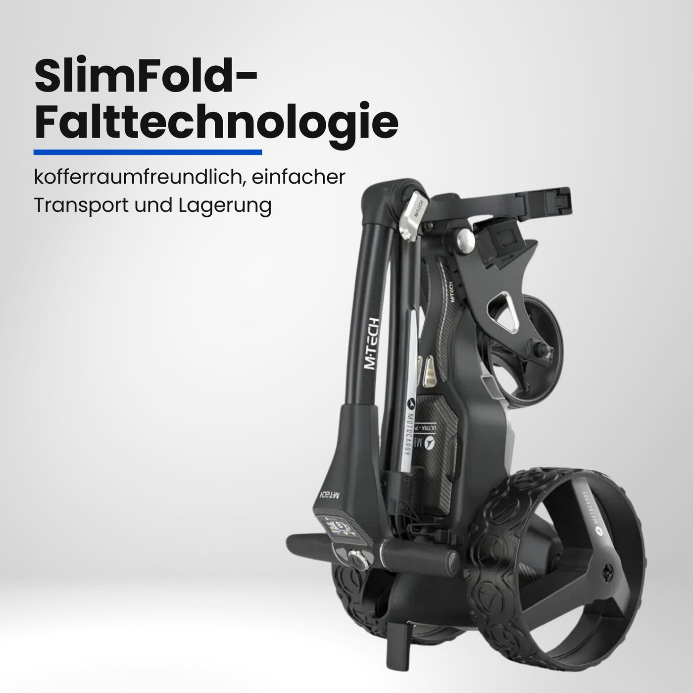 Zusammengeklappter E-Golf-Trolley in Schwarz mit großen Profilrädern