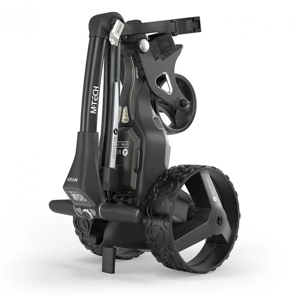 Zusammengeklappter E-Golf-Trolley in Schwarz mit großen Profilrädern