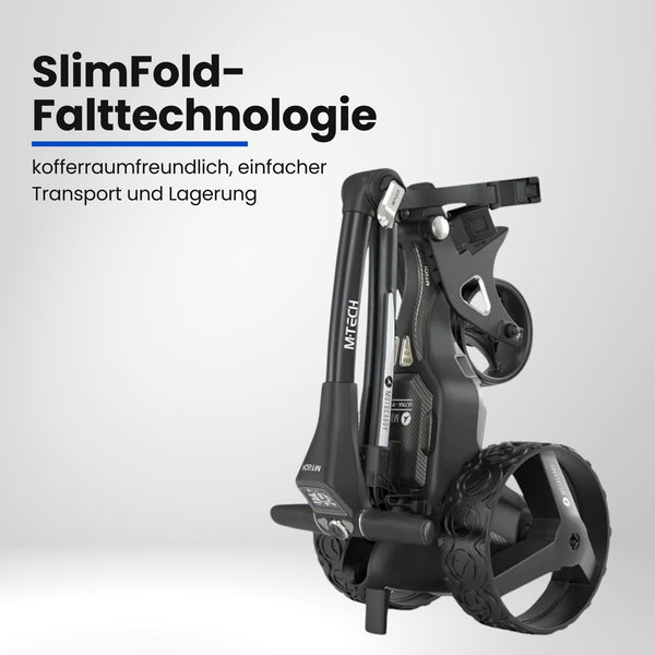 Zusammengeklappter E-Golf-Trolley in Schwarz mit großen Profilrädern