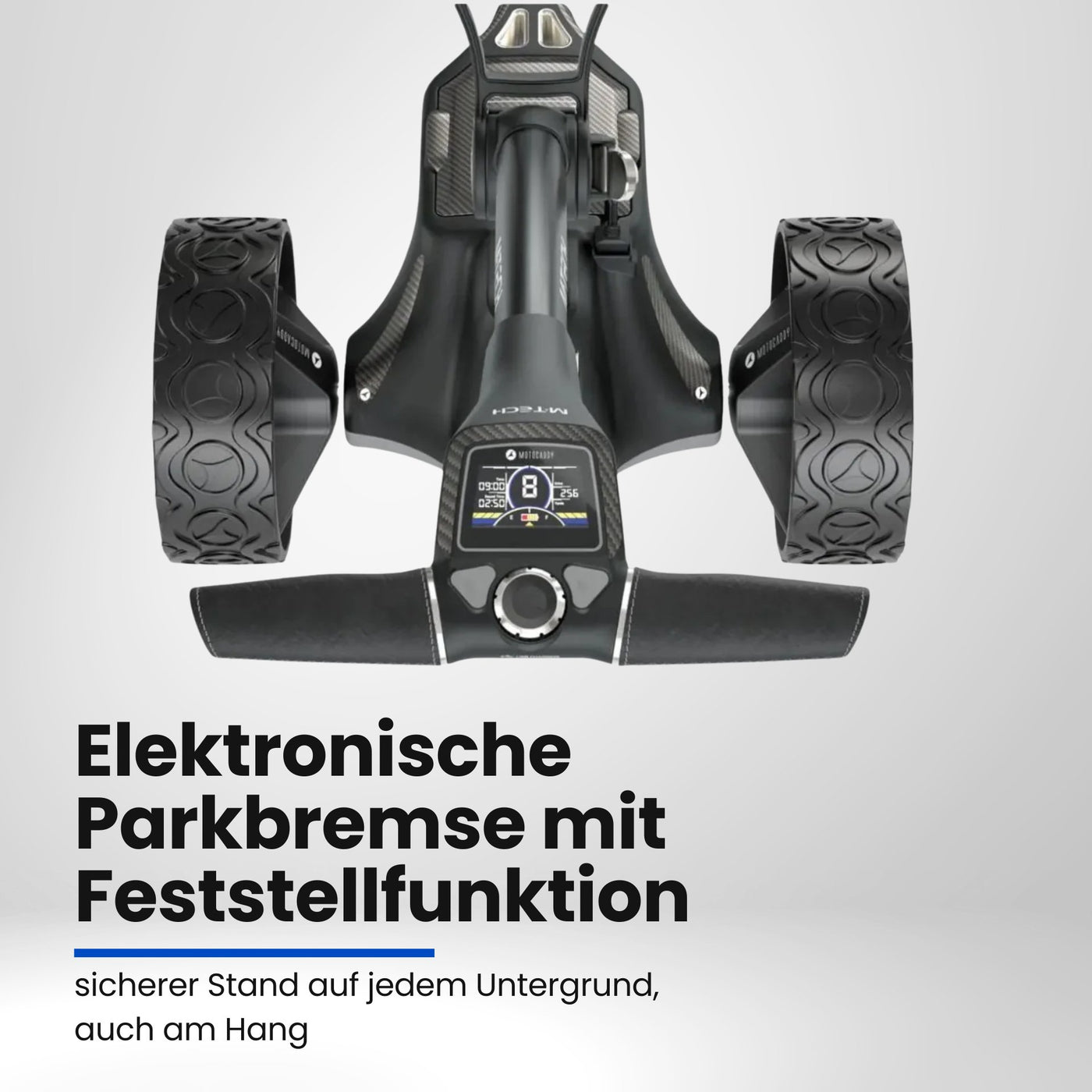 Elektrischer Golf Trolley mit großen Reifen und digitalem Display, schwarz, modern