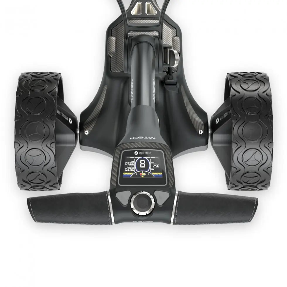 Elektrischer Golf Trolley mit großen Reifen und digitalem Display, schwarz, modern
