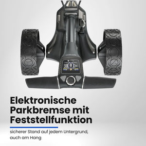 Elektrischer Golf Trolley mit großen Reifen und digitalem Display, schwarz, modern
