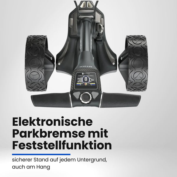 Elektrischer Golf Trolley mit großen Reifen und digitalem Display, schwarz, modern