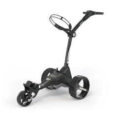 Schwarzer elektrischer Golf Trolley mit drei Rädern auf weißem Hintergrund, modernes Golf Zubehör