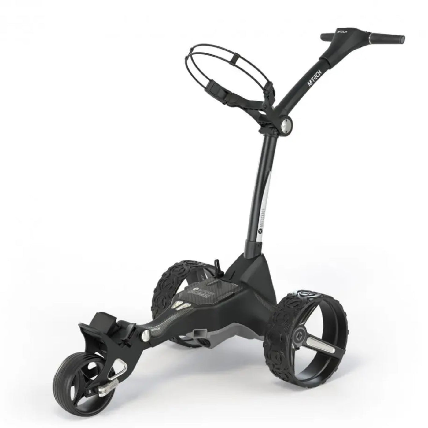 Schwarzer elektrischer Golf Trolley mit drei Rädern auf weißem Hintergrund, modernes Golf Zubehör
