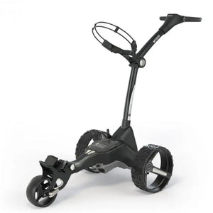 Schwarzer elektrischer Golf Trolley mit drei Rädern auf weißem Hintergrund, modernes Golf Zubehör