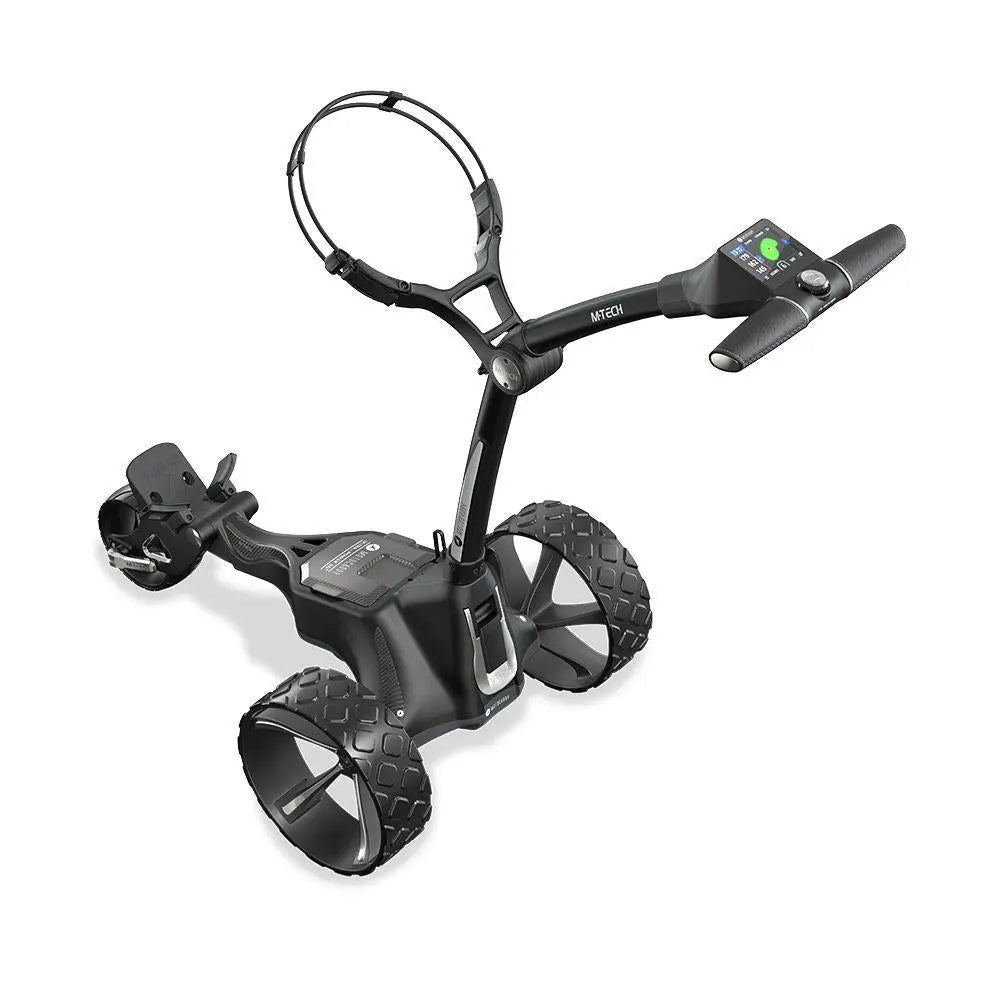 Moderner elektrischer Golf Trolley mit großen Rädern und digitalem Display, schwarz