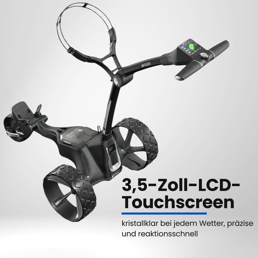 Moderner elektrischer Golf Trolley mit großen Rädern und digitalem Display, schwarz