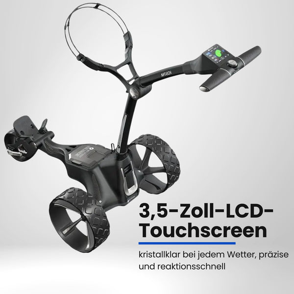 Moderner elektrischer Golf Trolley mit großen Rädern und digitalem Display, schwarz