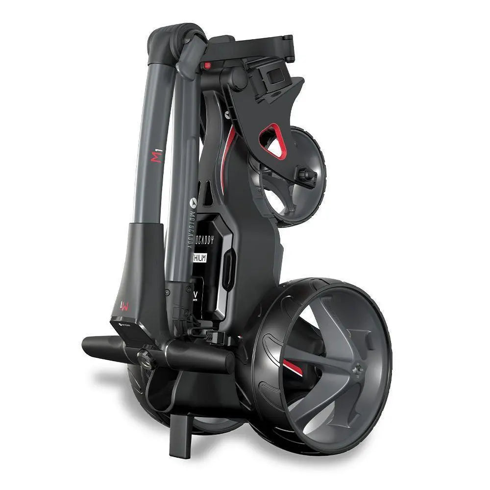 Kompakt zusammengeklappter E-Trolley für Golf, modernes Design mit großen Rädern