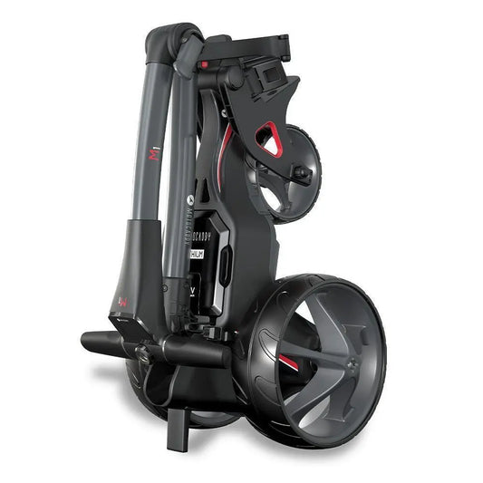 Kompakt zusammengeklappter E-Trolley für Golf, modernes Design mit großen Rädern