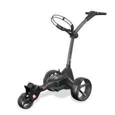 Moderner schwarzer Golf E-Trolley mit drei Rädern für Golfausrüstung auf weißem Hintergrund