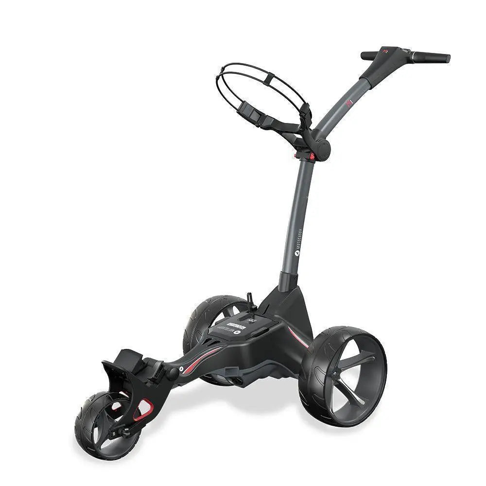 Moderner schwarzer Golf E-Trolley mit drei Rädern für Golfausrüstung auf weißem Hintergrund