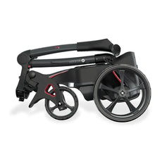 Zusammengefalteter schwarzer E-Trolley für Golf, kompakt mit großen Rädern, seitliche Ansicht