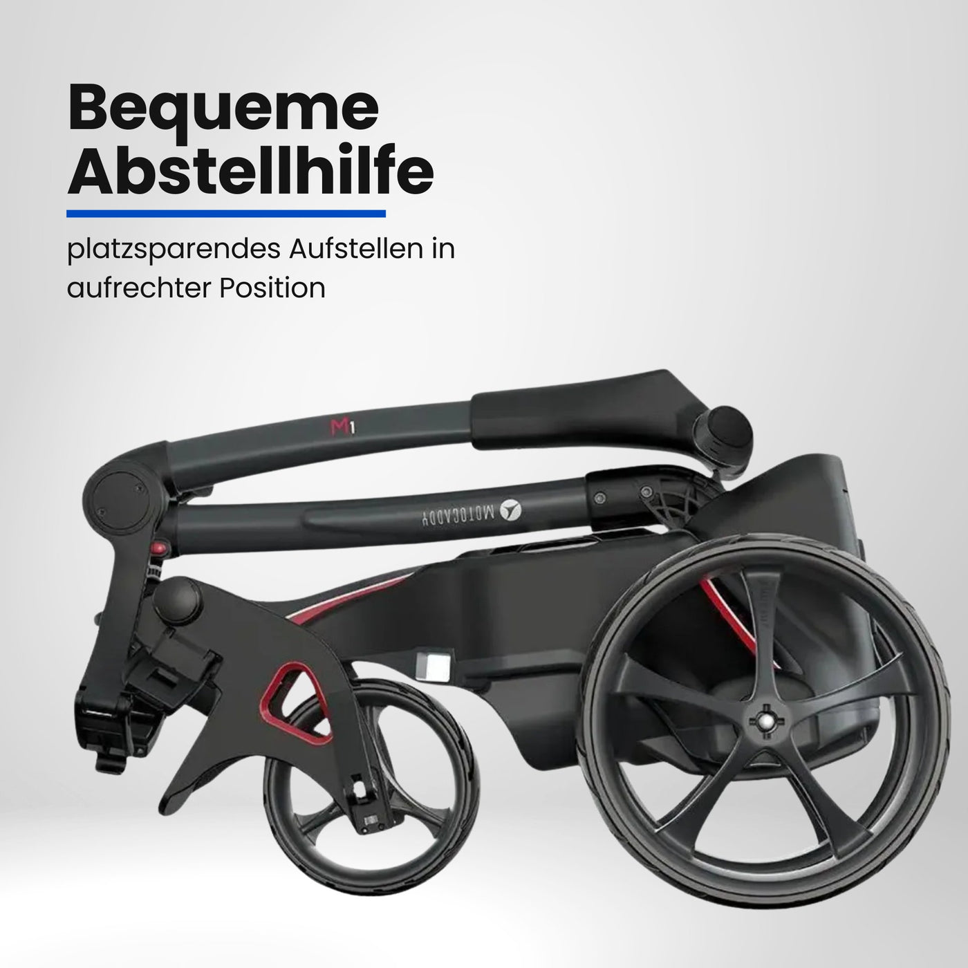 Zusammengefalteter schwarzer E-Trolley für Golf, kompakt mit großen Rädern, seitliche Ansicht