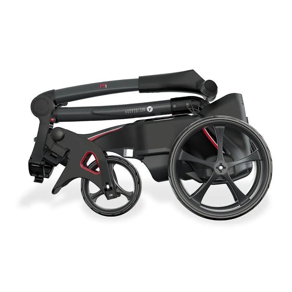 Zusammengefalteter schwarzer E-Trolley für Golf, kompakt mit großen Rädern, seitliche Ansicht