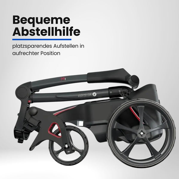 Zusammengefalteter schwarzer E-Trolley für Golf, kompakt mit großen Rädern, seitliche Ansicht