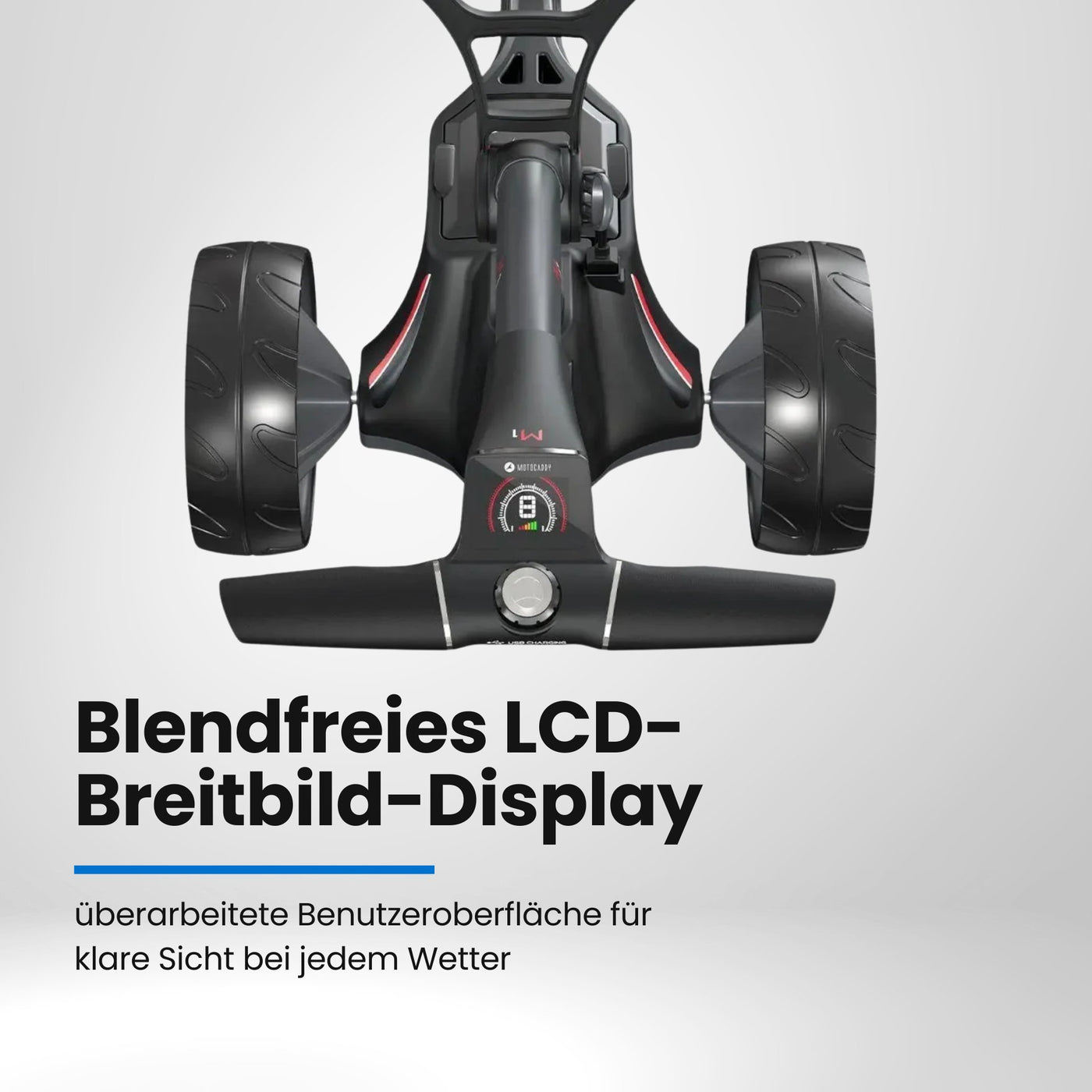 Elektrischer Golf Trolley mit Display und zwei großen Rädern, von oben fotografiert
