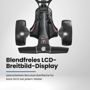 Elektrischer Golf Trolley mit Display und zwei großen Rädern, von oben fotografiert