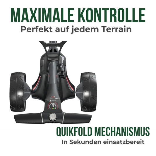Elektrischer Golf Trolley mit Display und zwei großen Rädern, von oben fotografiert