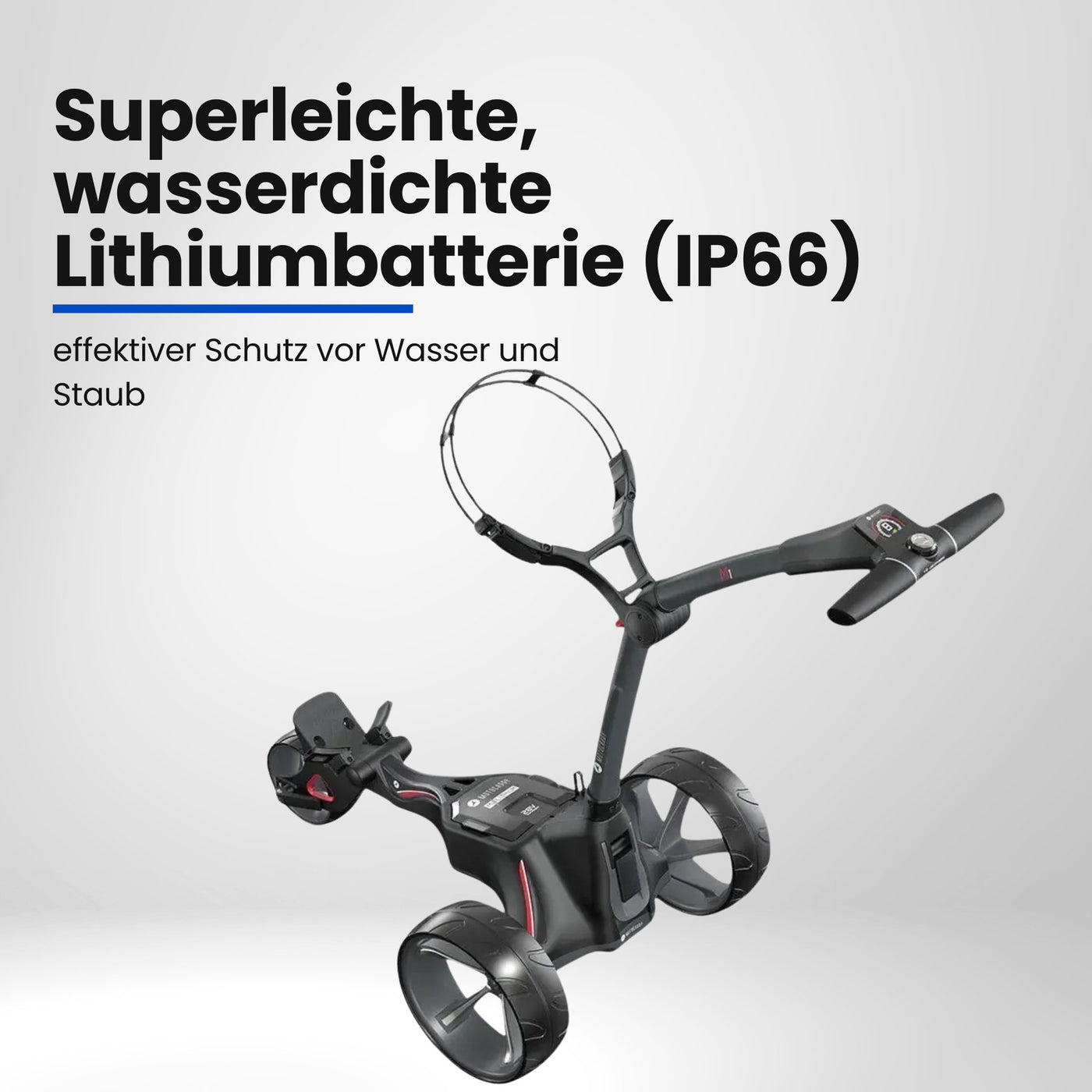Moderner, elektrischer Golf Trolley mit großen Rädern und stabiler Rahmenkonstruktion