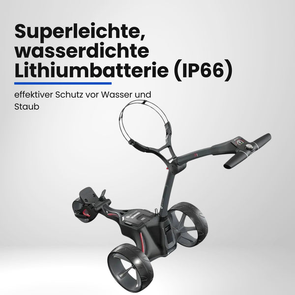 Moderner, elektrischer Golf Trolley mit großen Rädern und stabiler Rahmenkonstruktion
