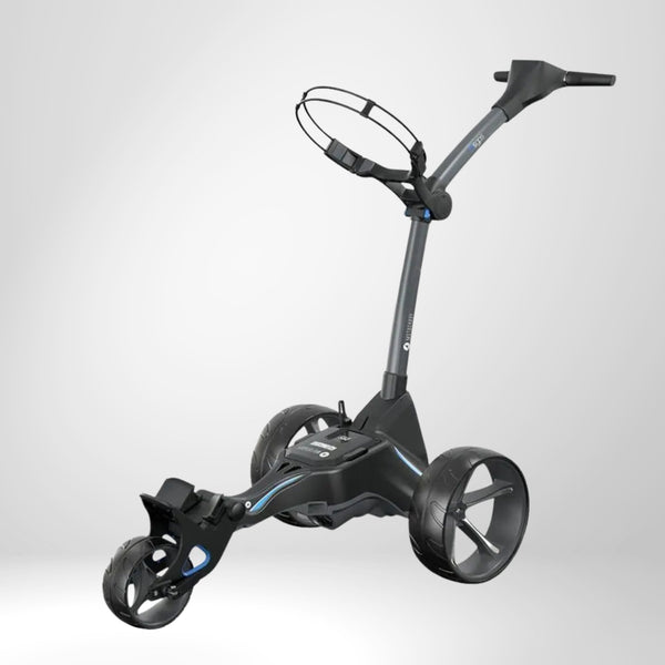 Moderner elektrischer Golf Trolley mit drei Rädern und stabilem Rahmen auf weißem Hintergrund