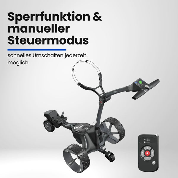 Elektrischer Golf Trolley mit Fernbedienung, moderne robuste Bauweise, grauer Hintergrund