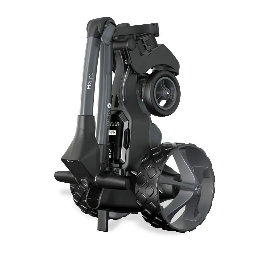 Zusammengefalteter schwarzer E-Trolley für Golf, modernes Design, kompakt, große Räder