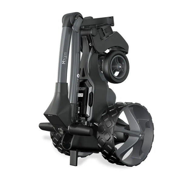 Zusammengefalteter schwarzer E-Trolley für Golf, modernes Design, kompakt, große Räder