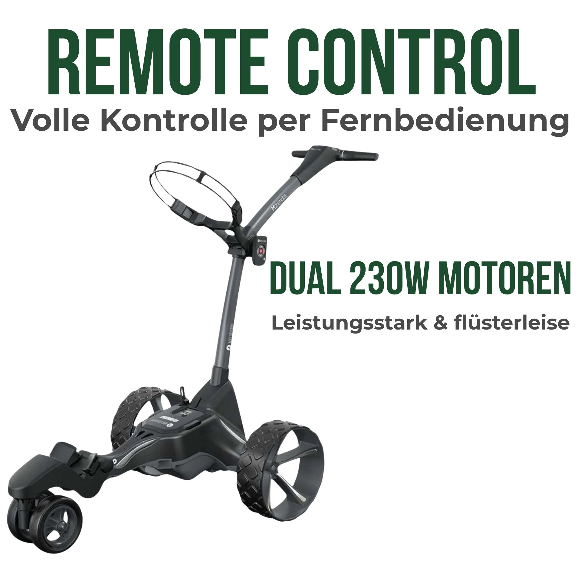 Moderner elektrischer Golf Trolley mit großen Reifen auf weißem Hintergrund
