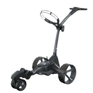 Moderner elektrischer Golf Trolley mit großen Reifen auf weißem Hintergrund