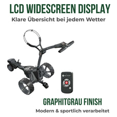 Elektrischer Golf Trolley mit Fernbedienung, schwarze Farbgebung, drei Räder, Auszeichnungssiegel